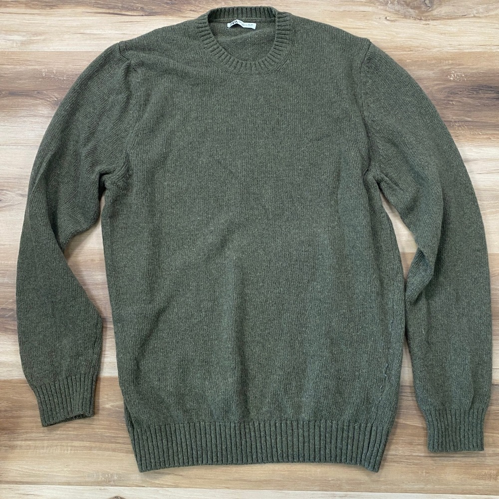 Zara Crew Neck Sweater Size L Wool Blend Knit Pullover Olive Green
